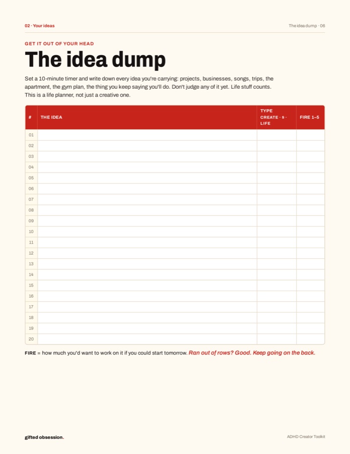 The idea dump worksheet